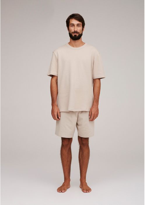 Pijama Masculino Curto Com Camiseta Em Malha Sarjada E Bermuda - Bege
