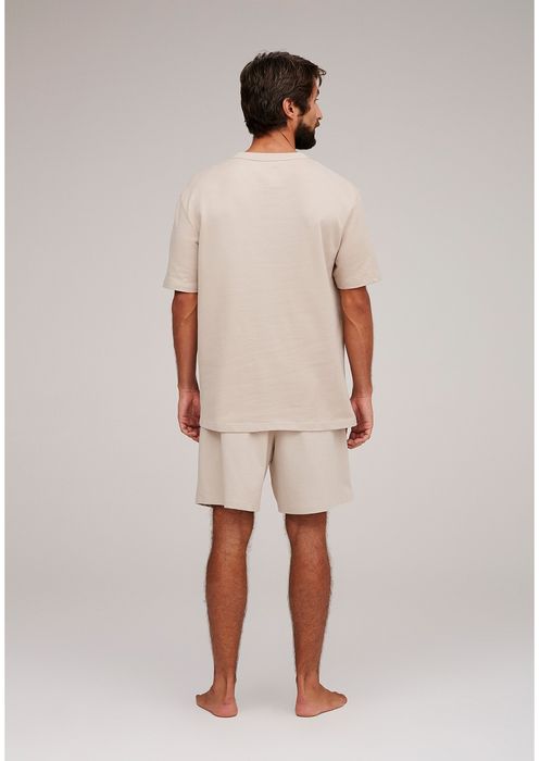 Pijama Masculino Curto Com Camiseta Em Malha Sarjada E Bermuda - Bege