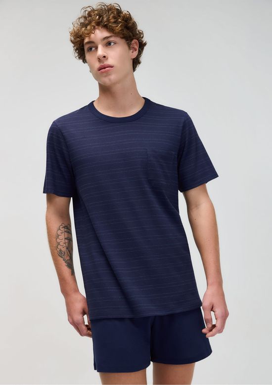 Foto do produto: Pijama Curto Masculino Fio Tinto Listrado - Azul