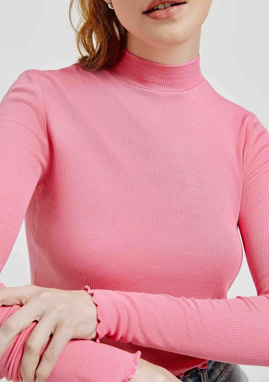 Foto do produto: Blusa Básica Feminina Cropped Manga Longa Canelada Com Fru Fru - Rosa