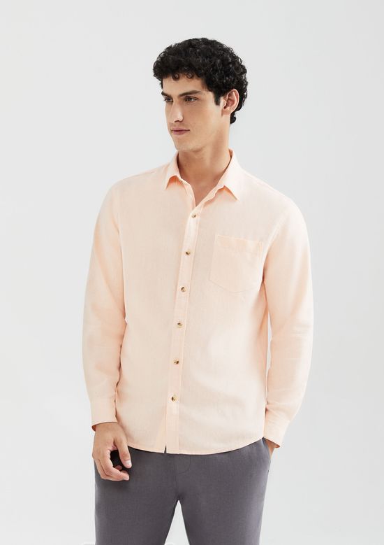 Foto do produto: Camisa Básica Masculina Manga Longa Slim Em Linho - Rosa