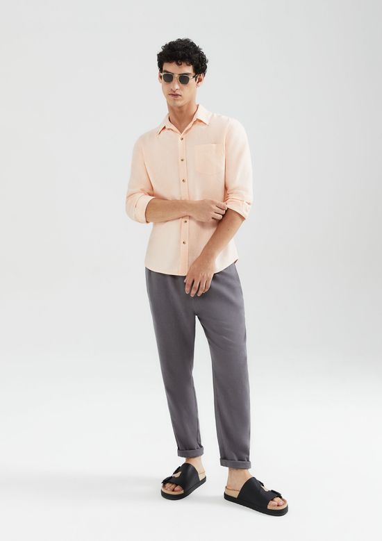 Foto do produto: Camisa Básica Masculina Manga Longa Slim Em Linho - Rosa