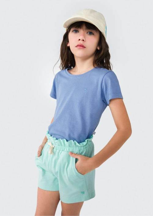 Foto do produto: Blusa Básica Infantil Menina Manga Curta Slim Com Bordado Coração - Azul