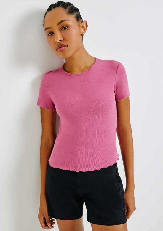 Foto do produto: Blusa Feminina Cropped Em Ribana Canelada Com Fru Fru - Rosa