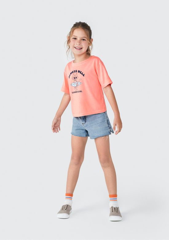 Foto do produto: Blusa Infantil Menina Manga Curta Com Estampa - Laranja