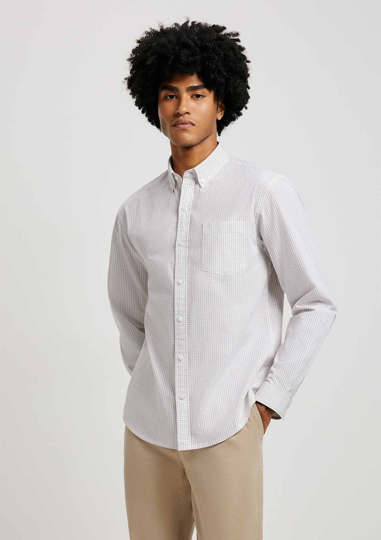 Foto do produto: Camisa Básica Masculina Manga Longa Slim Xadrez - Bege