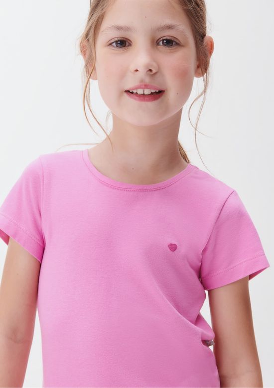 Foto do produto: Blusa Básica Infantil Menina Manga Curta Slim Com Bordado Coração - Rosa