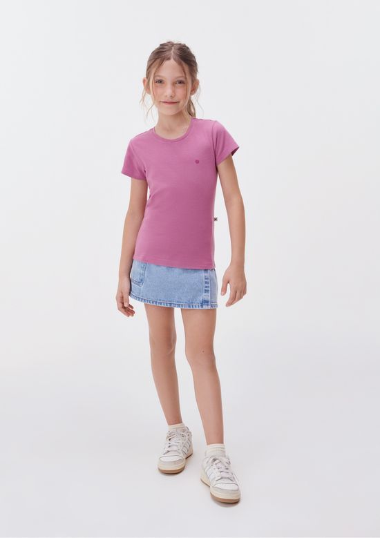 Foto do produto: Blusa Básica Infantil Menina Manga Curta Slim Com Bordado Coração - Lilás