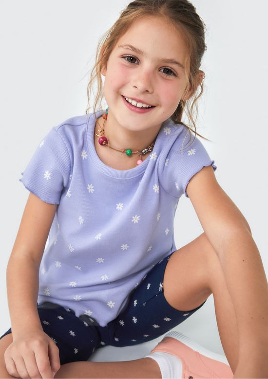 Foto do produto: Blusa Infantil Menina Manga Curta Em Ribana Estampada - Azul