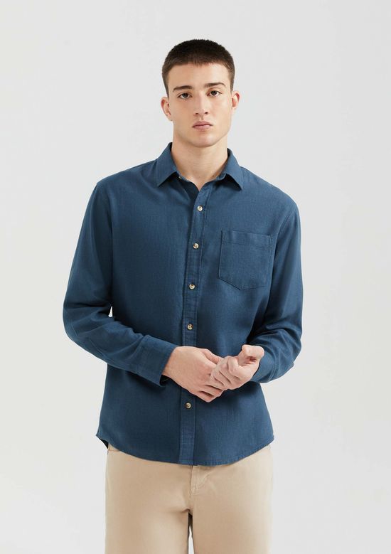 Foto do produto: Camisa Básica Masculina Manga Longa Slim Em Linho - Azul