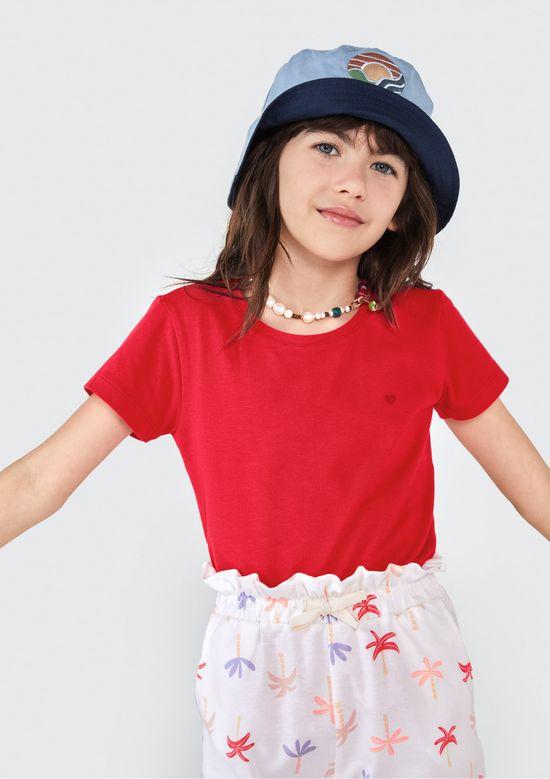 Foto do produto: Blusa Básica Infantil Menina Manga Curta Slim Com Bordado Coração - Vermelho