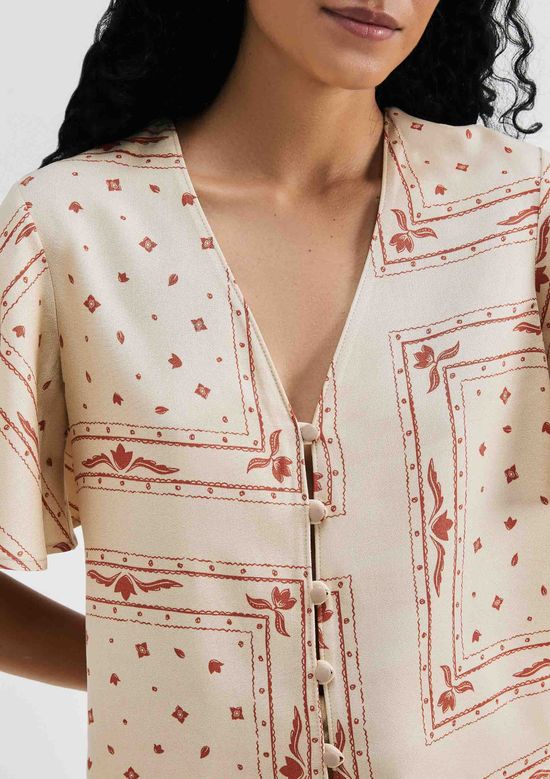 Foto do produto: Blusa Feminina Estampada Decote V Com Botões - Bege