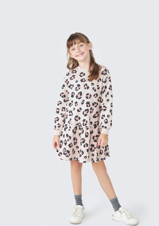 Foto do produto: Vestido Curto Infantil Manga Longa Estampado  - Bege