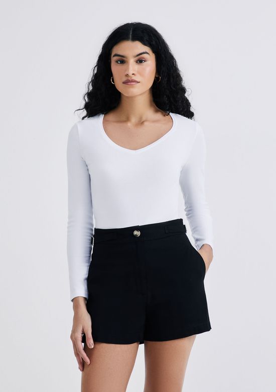 Foto do produto: Blusa Básica Feminina Manga Longa Slim Decote V - Branco