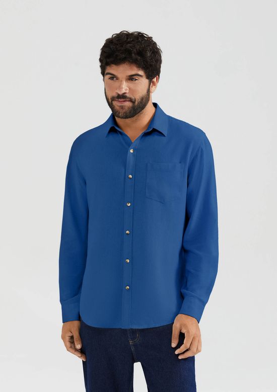 Foto do produto: Camisa Básica Masculina Manga Longa Slim Em Linho - Azul