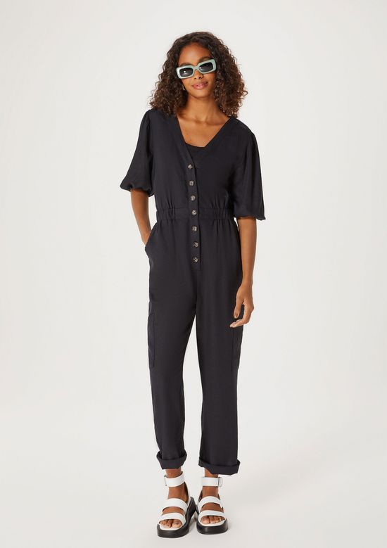 Foto do produto: Macacão Feminino Manga Bufante Em Linho - Preto