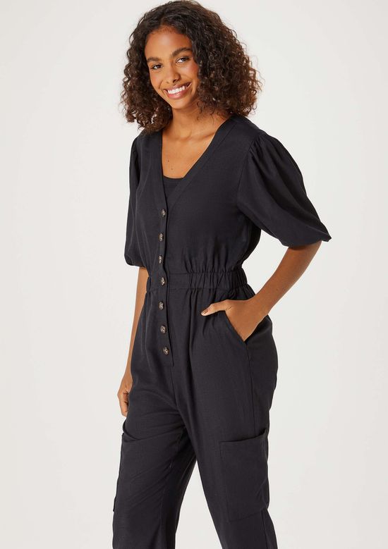 Foto do produto: Macacão Feminino Manga Bufante Em Linho - Preto