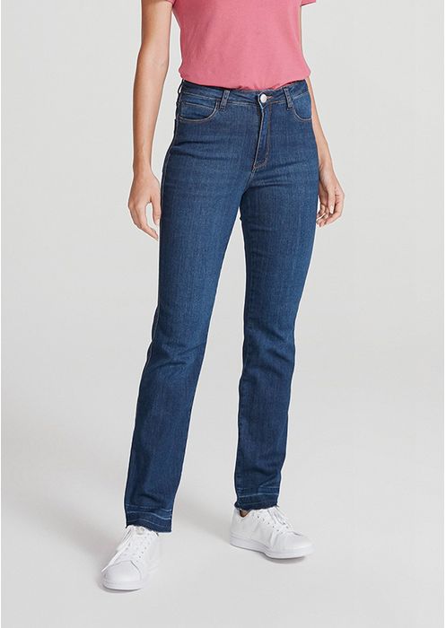 Calça Jeans Feminina Cintura Alta Com Elastano Reta - Azul Escuro