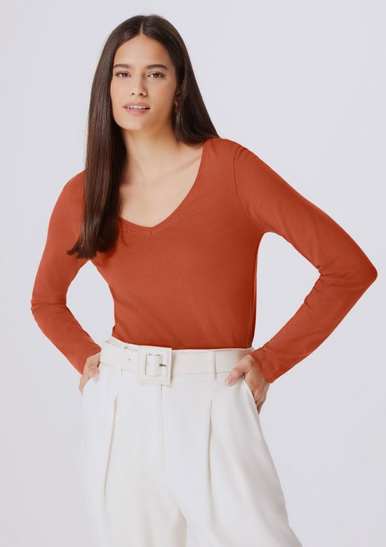 Foto do produto: Blusa Básica Feminina Manga Longa Slim Decote V - Terracota