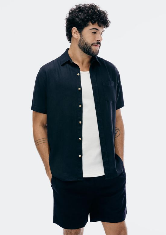 Foto do produto: Camisa Básica Masculina Manga Curta Slim Em Linho - Preto