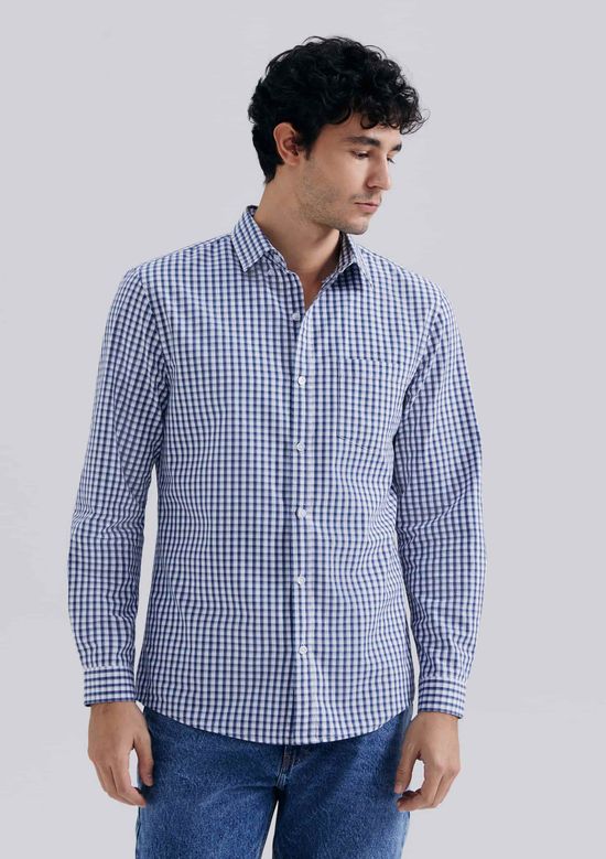 Foto do produto: Camisa Básica Masculina Manga Longa Slim Xadrez - Azul