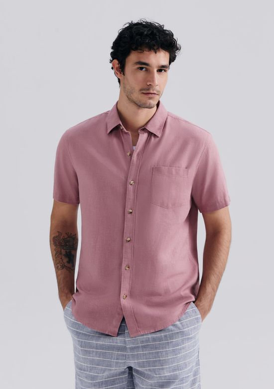 Foto do produto: Camisa Básica Masculina Manga Curta Slim Em Linho - Rosa