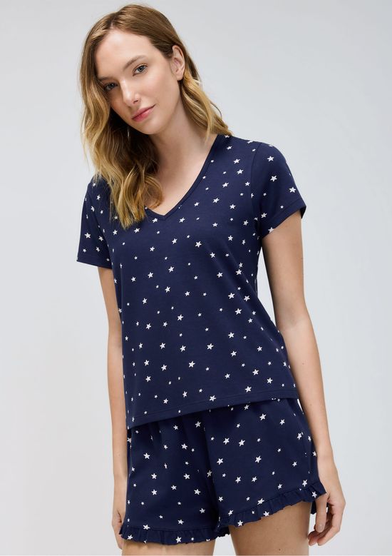 Foto do produto: Pijama Curto Feminino Estampado Decote V - Azul