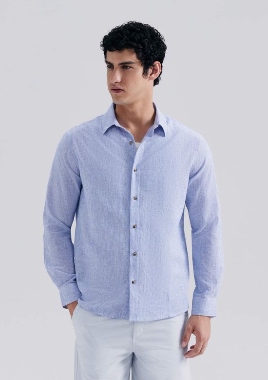 Foto do produto: Camisa Masculina Manga Longa Listrada Em Linho - Azul