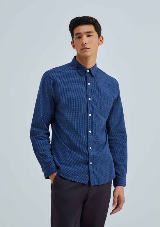 Foto do produto: Camisa Básica Masculina Manga Longa Slim Xadrez - Azul