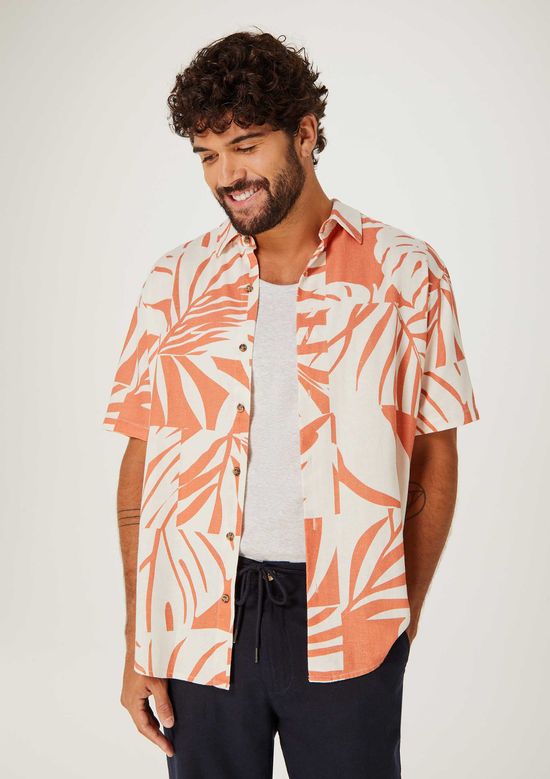 Foto do produto: Camisa Masculina Manga Curta Estampada Em Linho - Laranja