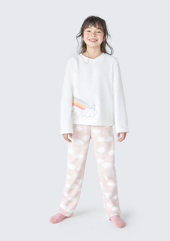 Foto do produto: Pijama Infantil Menina Longo Estampado Em Fleece - Off white