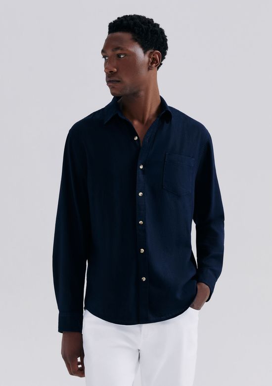 Foto do produto: Camisa Básica Masculina Manga Longa Slim Em Linho - Azul