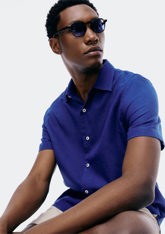 Foto do produto: Camisa Masculina Manga Curta Slim Com Linho - Azul