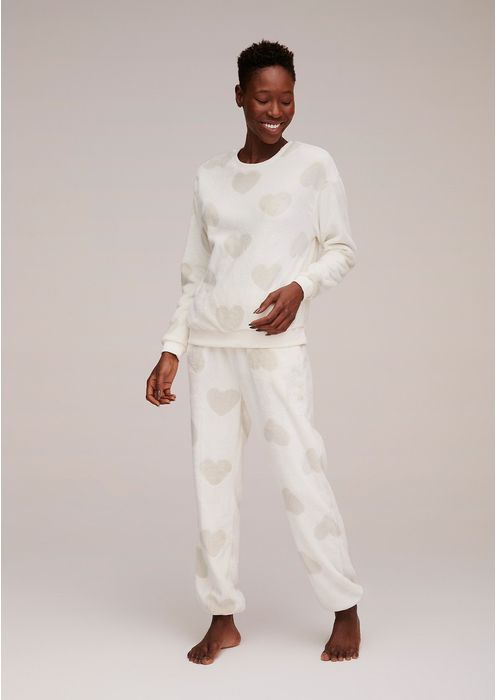 Pijama Feminino Longo Estampado Em Fleece - Off White