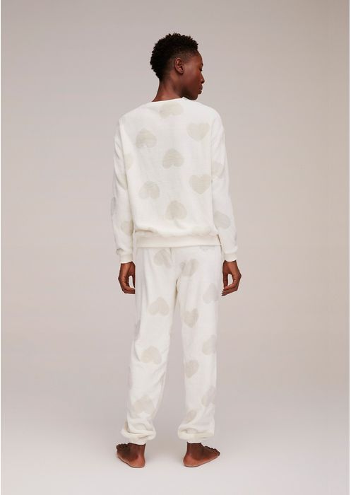 Pijama Feminino Longo Estampado Em Fleece - Off White