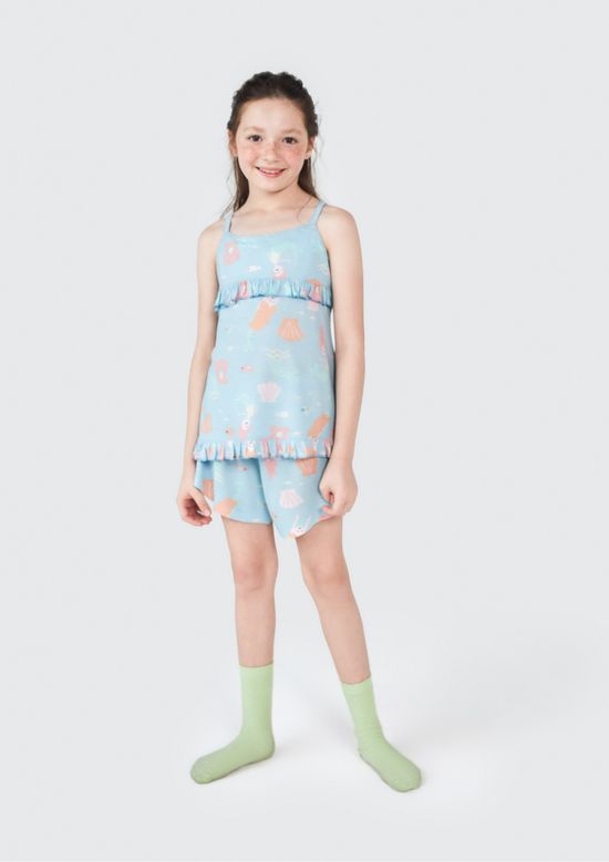 Foto do produto: Pijama Curto Infantil Menina Cerejinhas Com Babados - Azul
