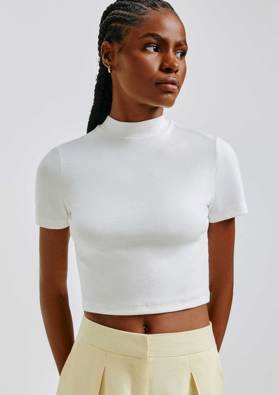 Foto do produto: Blusa Básica Feminina Cropped Gola Alta Em Ribana Canelada - Off white