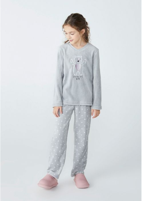 Pijama Longo Infantil Menina Em Fleece Hering Kids - Cinza Claro