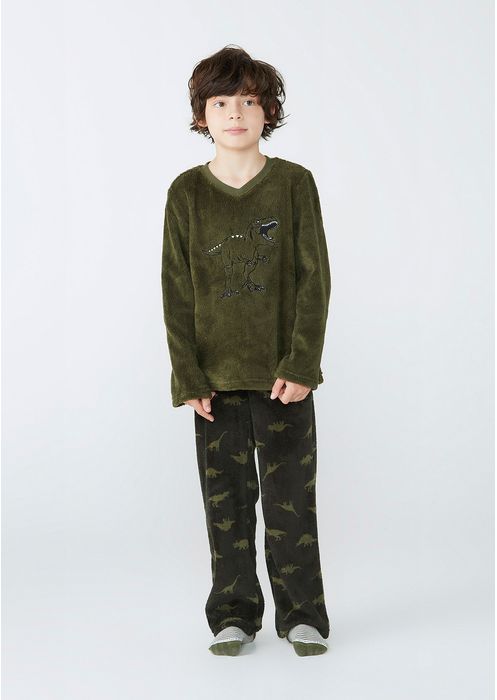Pijama Longo Infantil Menino Com Estampa Dinossauro - Verde Escuro