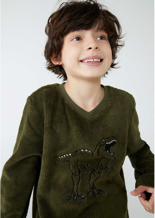 Pijama Longo Infantil Menino Com Estampa Dinossauro - Verde Escuro