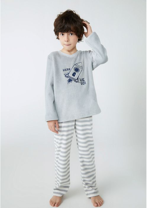 Pijama Longo Infantil Menino Com Estampa Foguete - Cinza