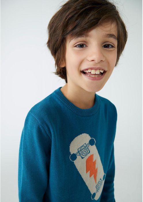 Blusão Infantil Menino Em Tricô Com Jacquard - Azul