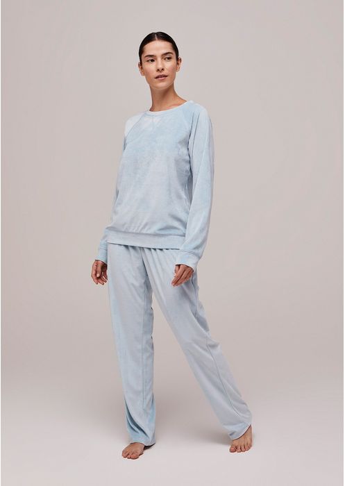 Pijama Feminino Longo Em Malha Plush - Azul Claro