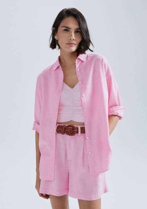 Foto do produto: Camisa Feminina Manga Longa Oversized Em Linho - Rosa