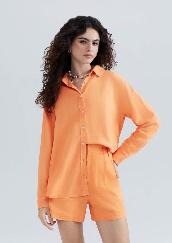 Foto do produto: Camisa Feminina Manga Longa Oversized Em Linho - Laranja