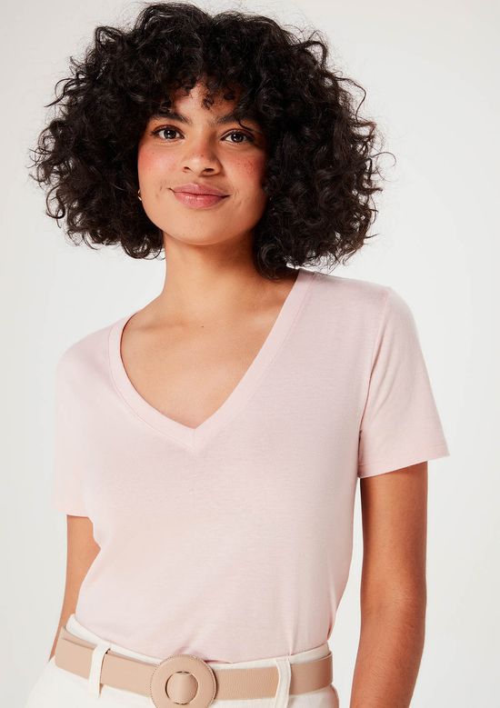 Foto do produto: Blusa Básica Feminina Em Algodão Com Decote V - Rosa