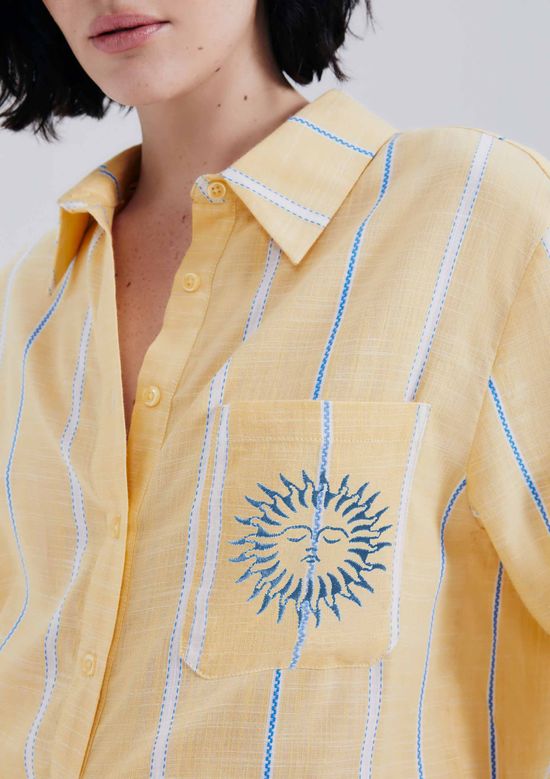 Foto do produto: Camisa Feminina Manga Longa Listrada Com Bordado - Amarelo