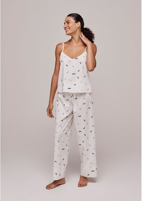 Pijama Feminino Longo Estampado Regata E Calça - Off White