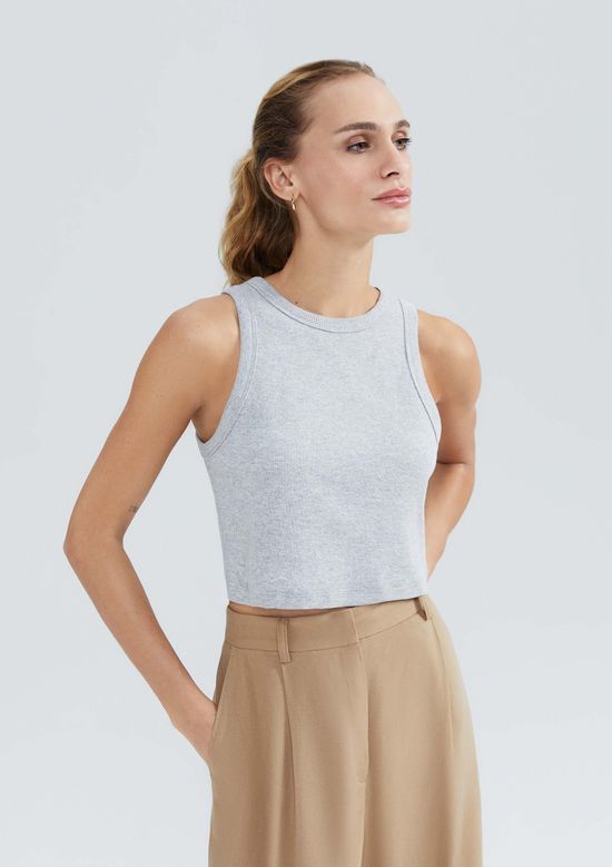 Foto do produto: Regata Feminina Cropped Decote Halter Neck Em Ribana Canelada - Cinza