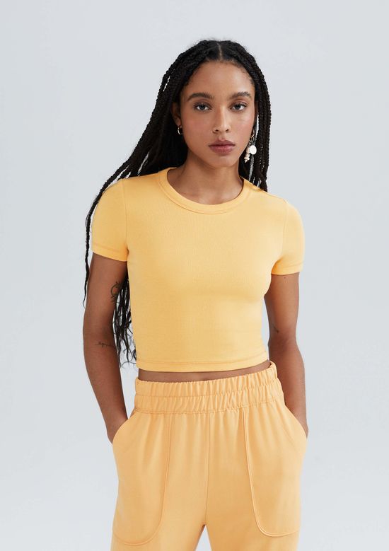 Foto do produto: Blusa Básica Feminina Cropped Em Ribana Canelada - Laranja